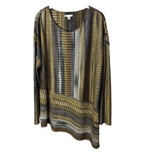 CATO Tunic Top Size XL Blouse Asymmetrical Hem Long Sleeves Stretch Gold Black